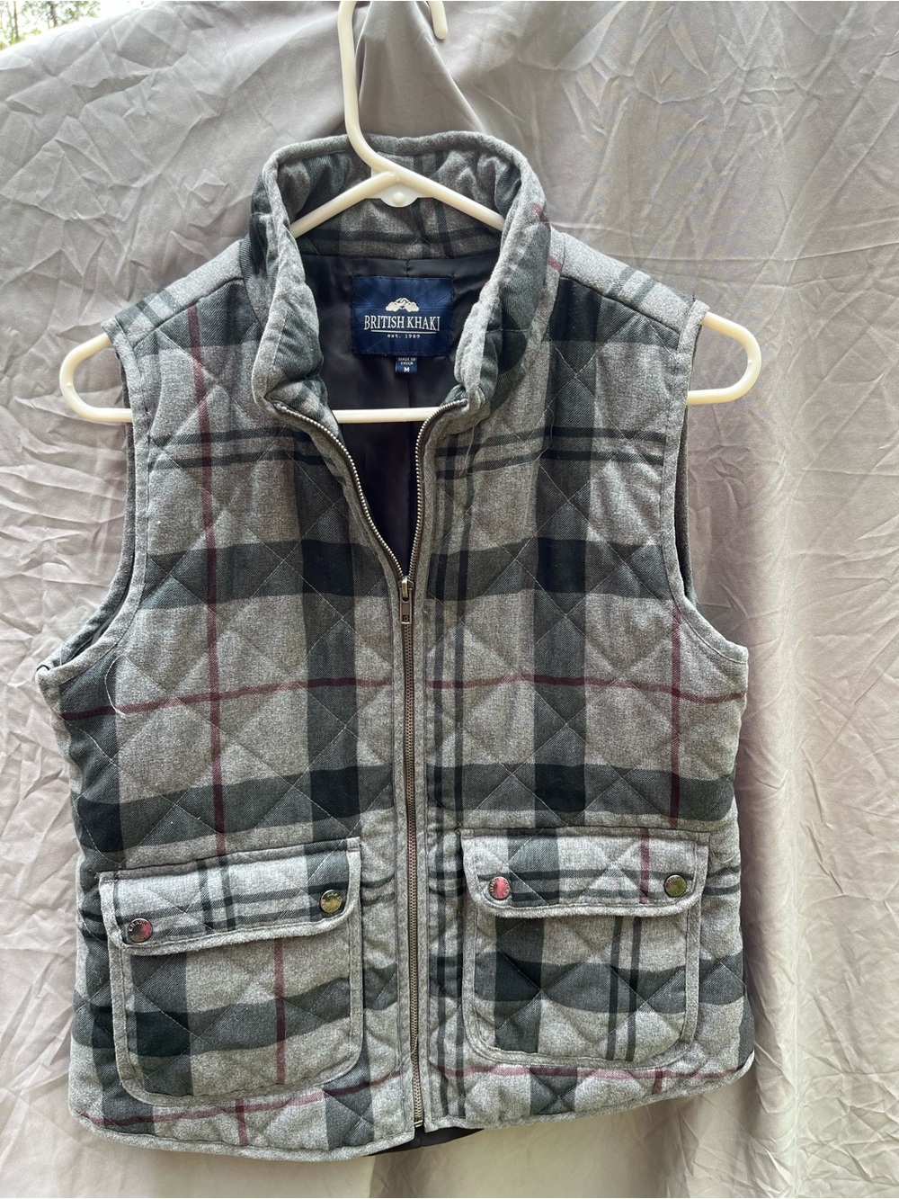 British Khaki Gray Plaid Quilted Vest